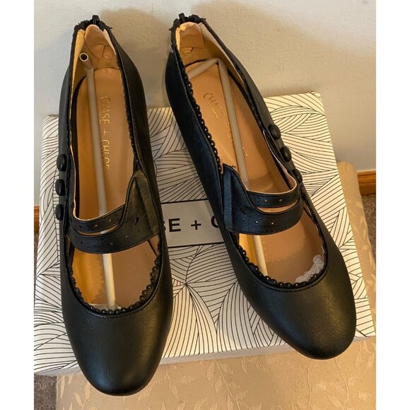 Chase + Chloe Mary Jane Heels Black Faux Leather Button Strap Size 7.5 - Picture 3 of 9